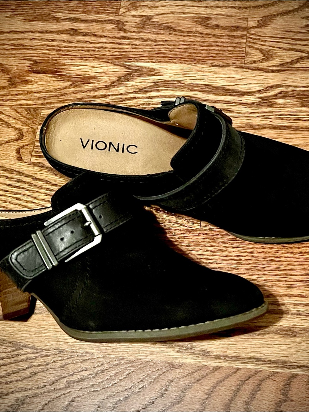 Vionic Black Suede Buckle Backless Mules